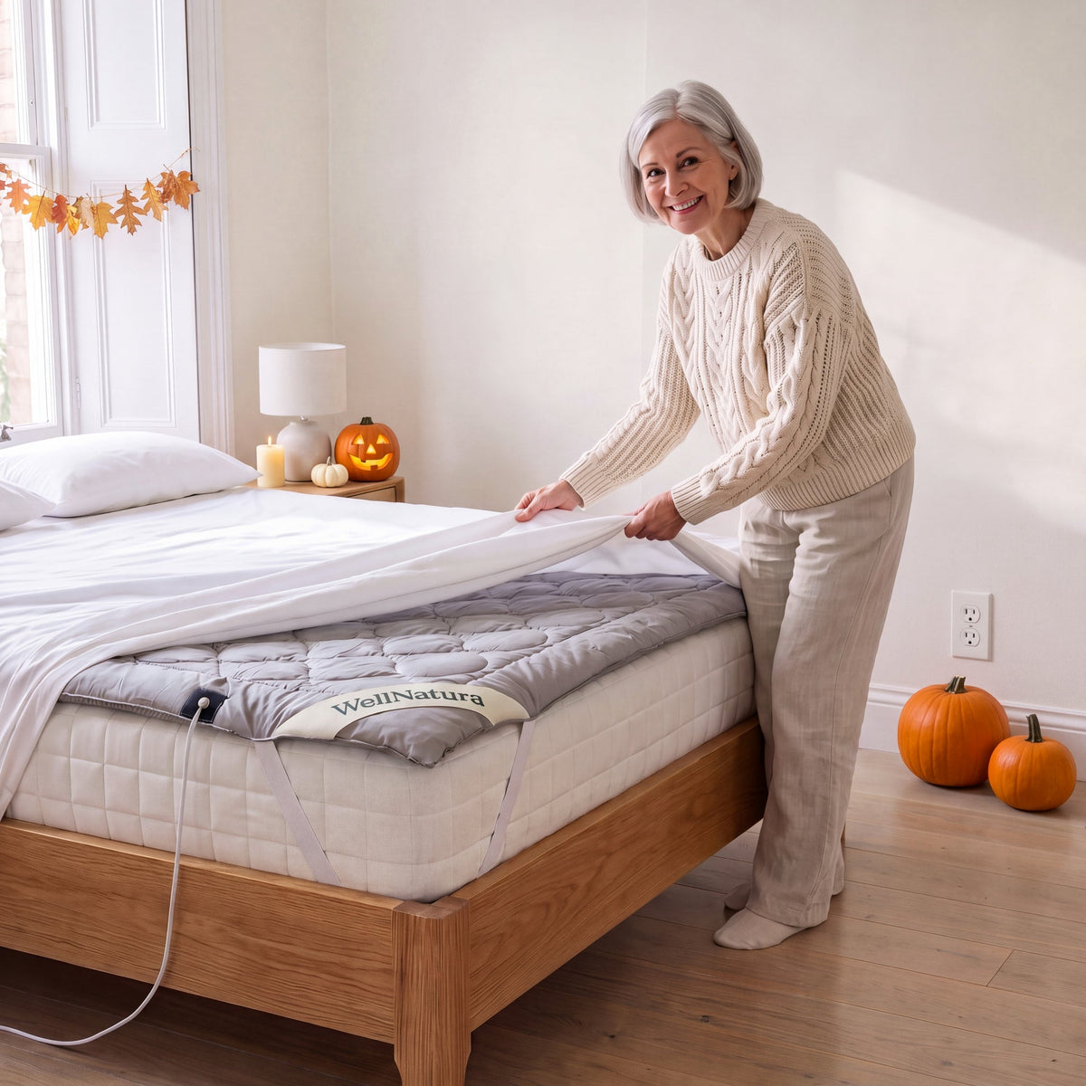 Woman putting her fitted sheet over the WellNatura grounding topper, bedroom styled for Halloween with pumpkins and candles