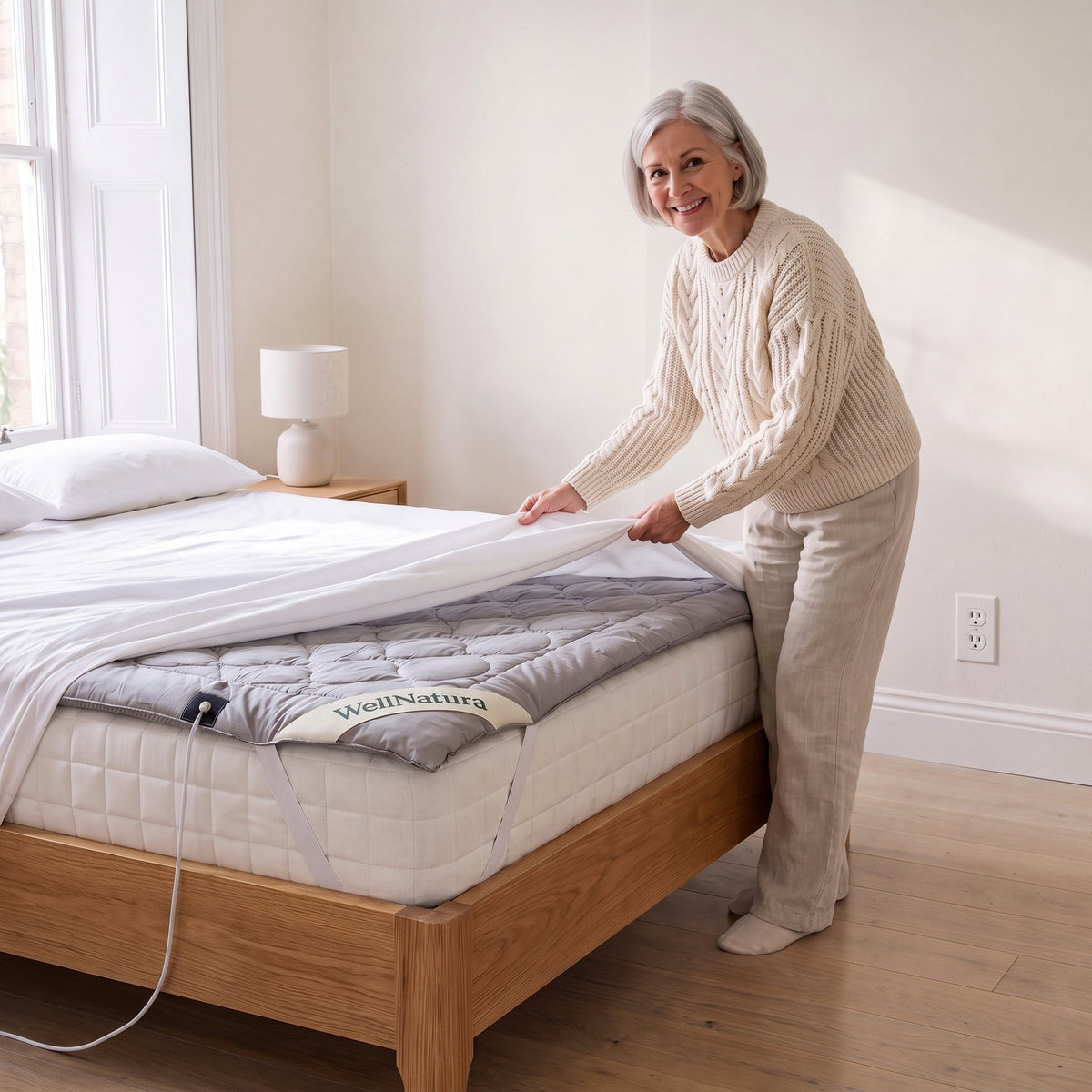 Woman beside her bed pulling a white fitted sheet over the WellNatura grounding topper, cable running off to the left