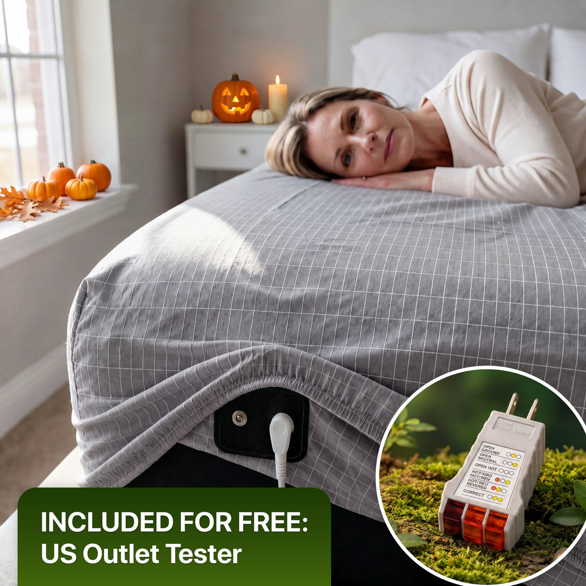 WellNatura grounding sheet in gray with the connector at the corner, bedroom styled for Halloween, free US outlet tester included