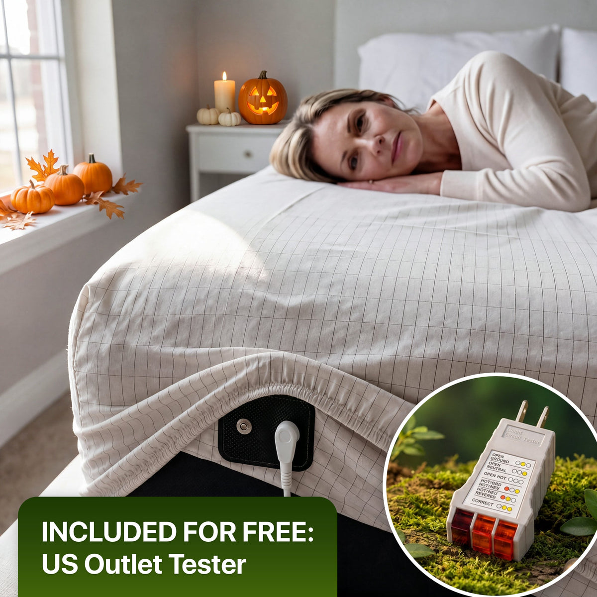 WellNatura grounding sheet in white with the connector at the corner, bedroom styled for Halloween, free US outlet tester included