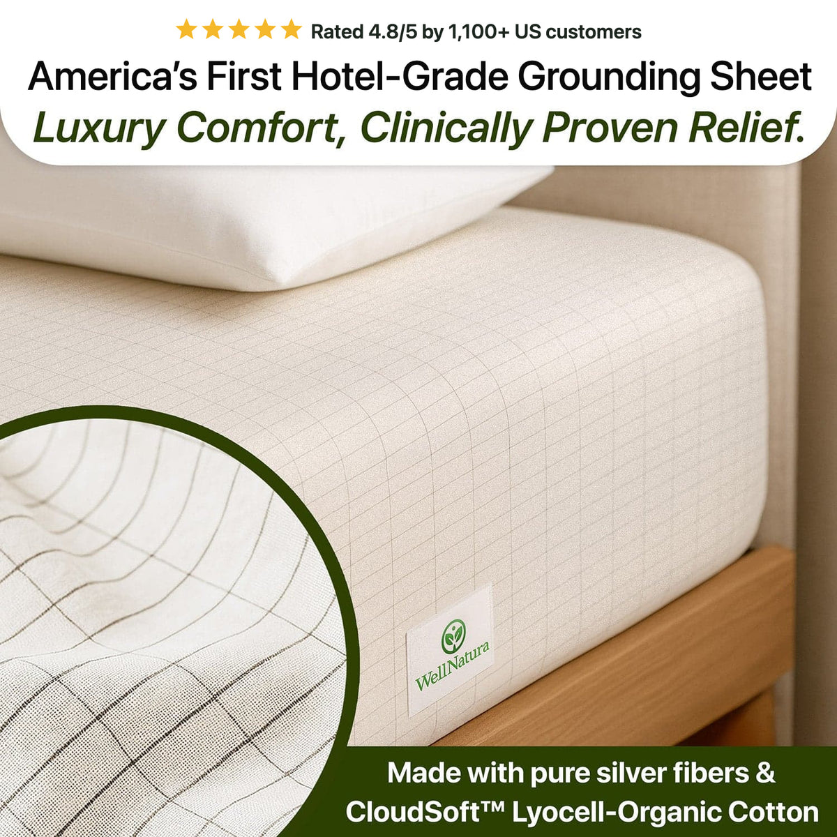 America’s first hotel-grade grounding sheet, made with pure silver fibers and CloudSoft lyocell organic cotton