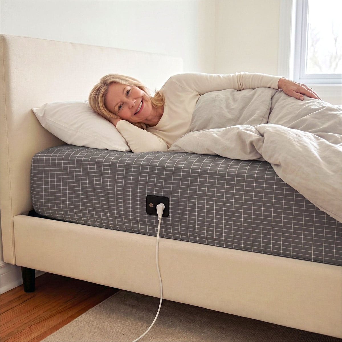 Gray WellNatura grounding sheet fitted on a bed, cable clipped to the connector