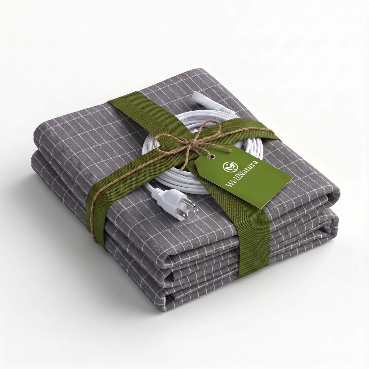 Folded gray WellNatura grounding sheet with its grounding cable and 3-prong plug