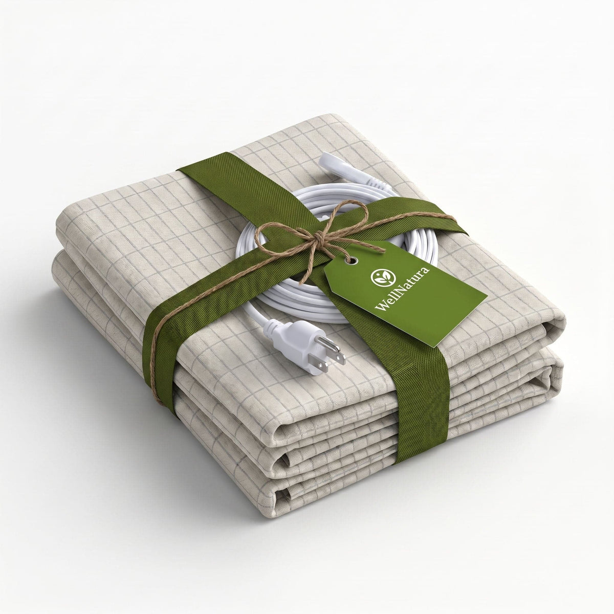 Folded white WellNatura grounding sheet with its grounding cable and 3-prong plug