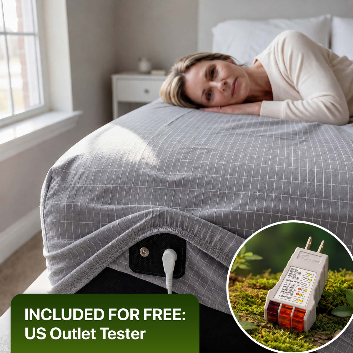 WellNatura grounding sheet in gray, fitted on a mattress with the connector at the corner. Free US outlet tester included.