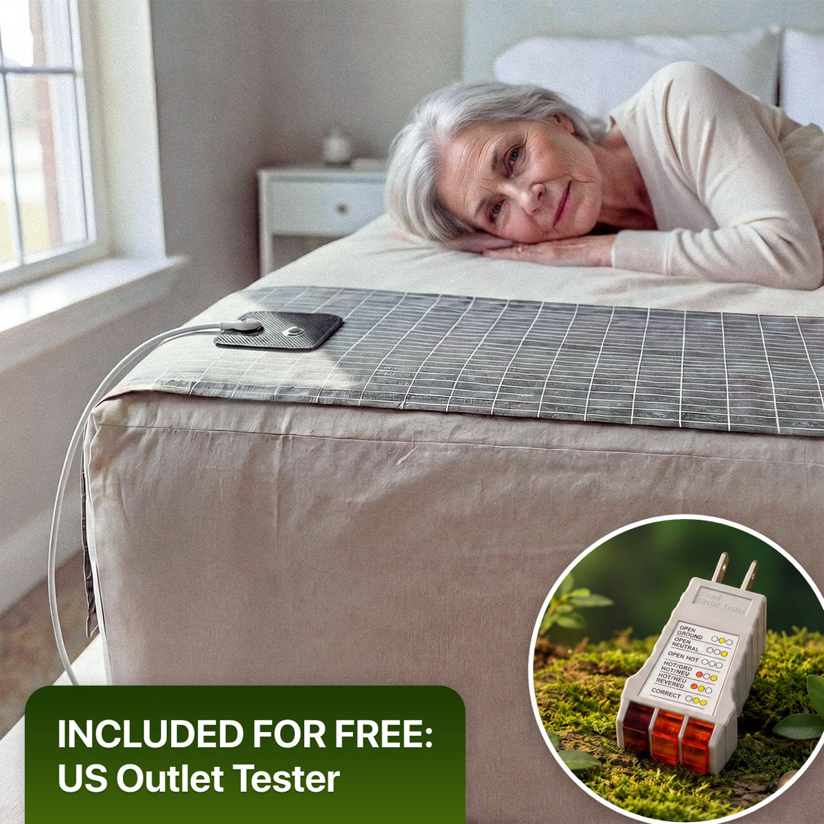 Gray WellNatura flat half sheet across the bed with the connector. Free US outlet tester included.