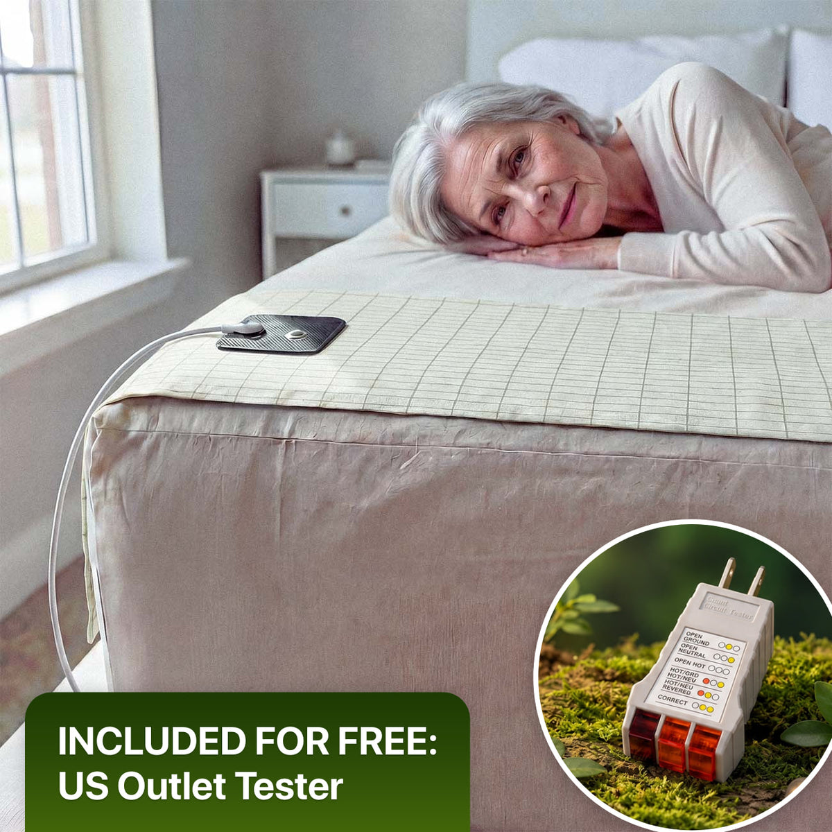 White WellNatura flat half sheet across the bed with the connector. Free US outlet tester included.