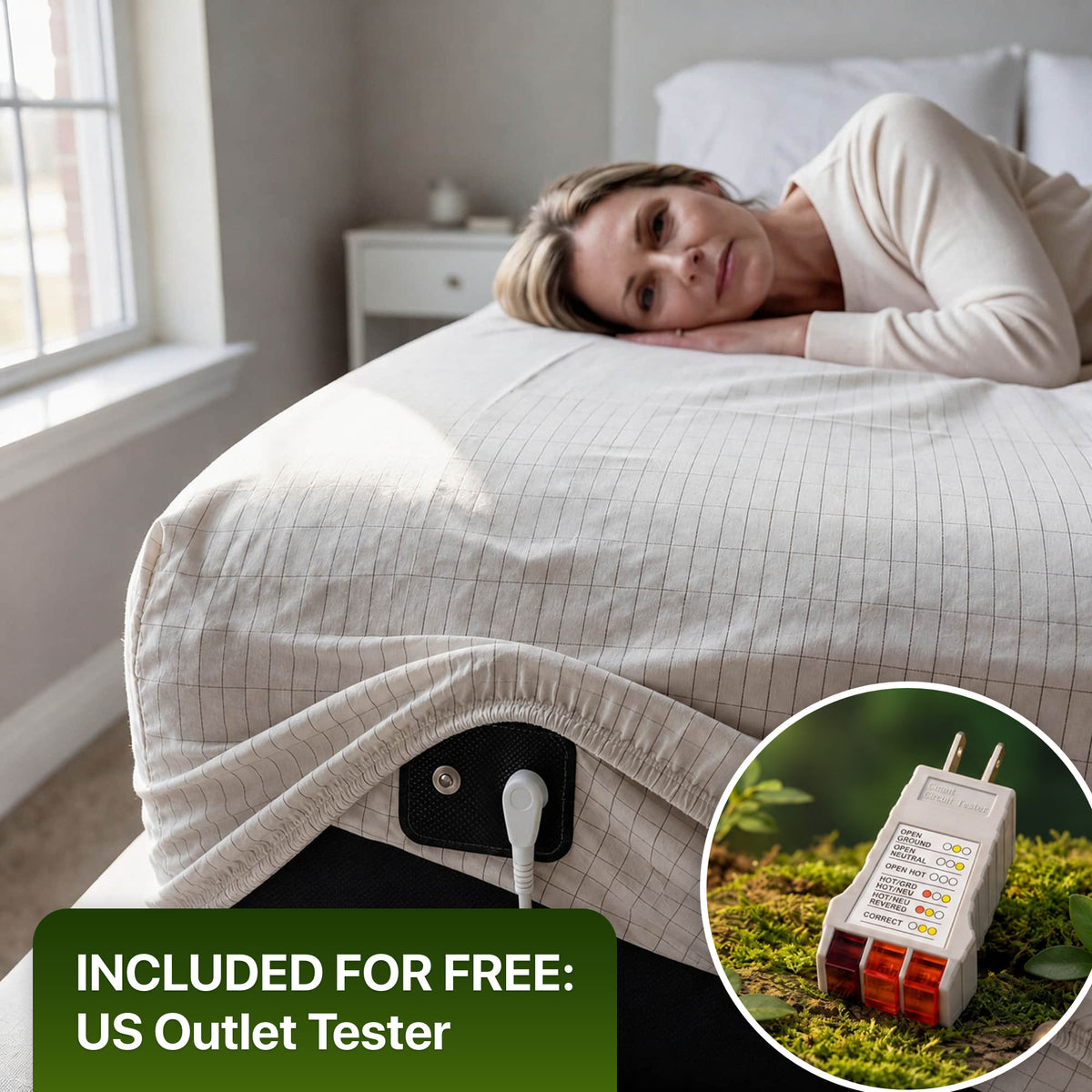 WellNatura grounding sheet in white, fitted on a mattress with the connector at the corner. Free US outlet tester included.